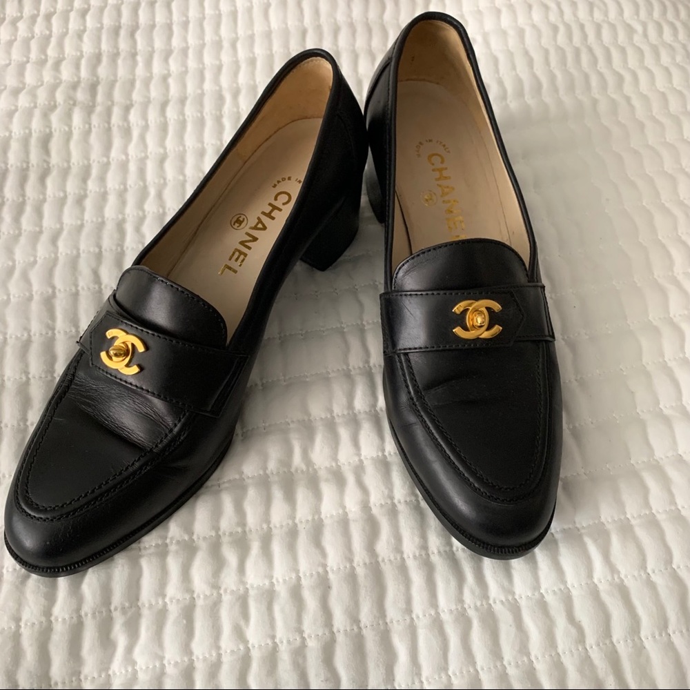 Chanel black leather loafers